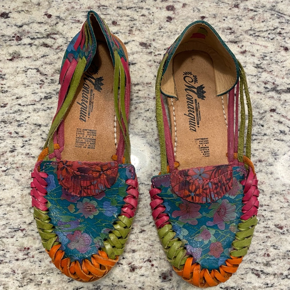 Monarquia Handmade Huarache Mexican Colorful Floral Woven Leather Flats
